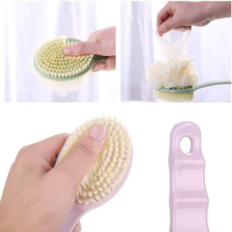 Brussh 2 IN 1 Shower Body Brush with Bristles & Loofah Back Scrubber Sponge with Long Curved Handle - Ooala