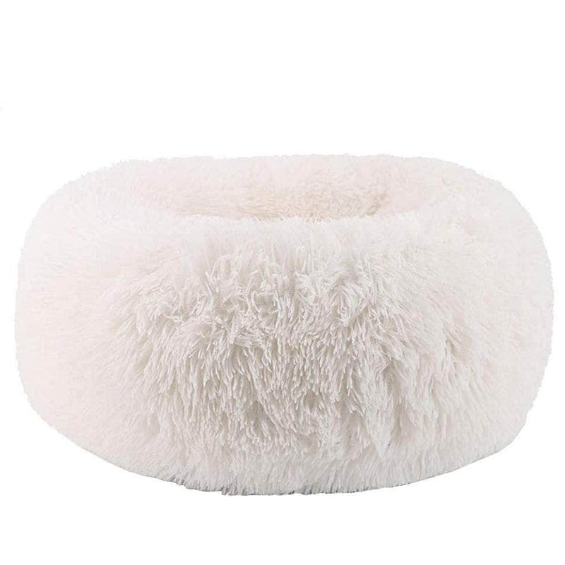 Cuppy Calming Faux Fur Donut Cuddler Bed for Dogs & Cats | Washable Round Pillow | White