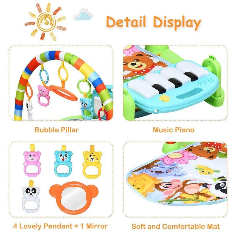 Peqon Baby Crawling & Play Mat with 5 Educational Sensory Activity Gym Toy Rack plus Piano