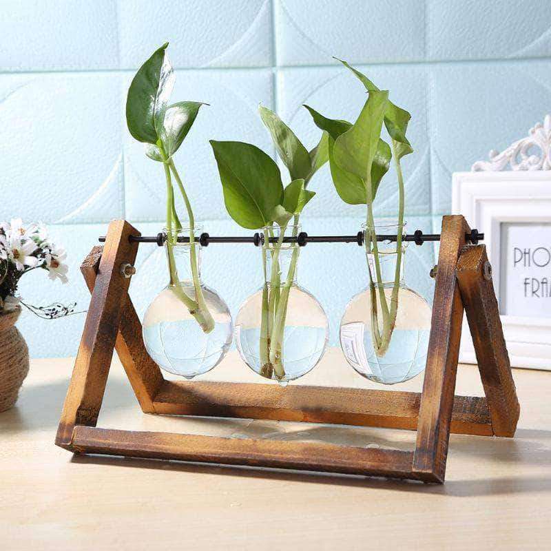 Bloomora Desktop Planter Bulb Vase with Retro Solid Wooden Stand and Metal Swivel - Ooala